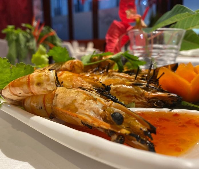 Grilled king prawn skewer
